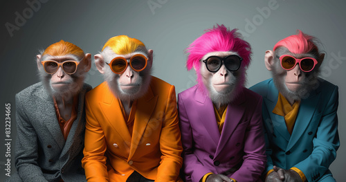 Colorful Monkeys in Suits: Creative Animal Portrait on Bright Background