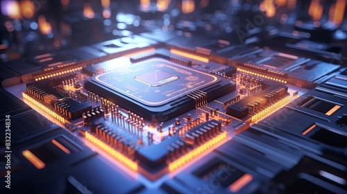 Futuristic circuit board: illuminated processor transmitting electric pulses - 3d render.