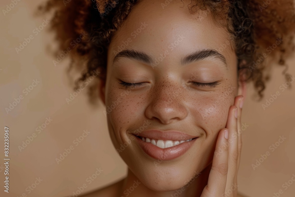 Beauty, relaxation, woman with eyes closed and grin in studio. Makeup, glamour, and luxury skin care with hands-on gorgeous face, natural cosmetics for detox facial on joyful woman Beauty, relaxation, woman with eyes closed and grin in studio. Makeup, glamour, and luxury skin care with hands-on gorgeous face, natural cosmetics for detox facial on joyful woman