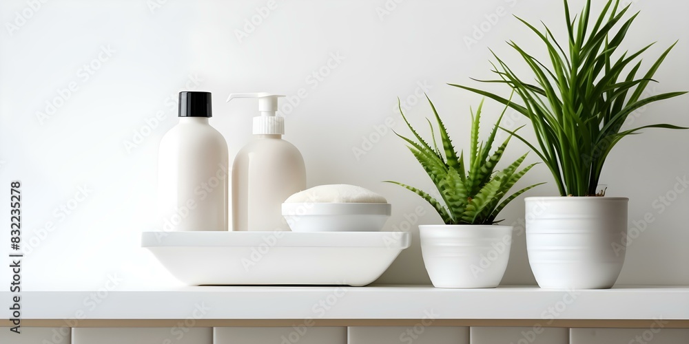 White bathroom products creatively arranged on a wall shelf. Concept Bathroom Decor, White Products, Wall Shelf Display, Creative Arrangement, Home Organization White bathroom products creatively arranged on a wall shelf. Concept Bathroom Decor, White Products, Wall Shelf Display, Creative Arrangement, Home Organization