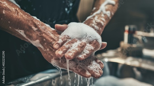 Women wash their hands with soap  bubbles  or water in the bathroom for cleanliness  health  or safety. For wellbeing  healthy skin  and self-care  wash hands  foam  and clean from germs  viruses 