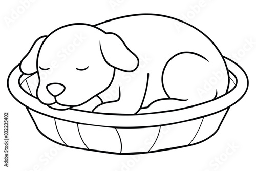 Puppy sleeping in a basket line art vector illustration