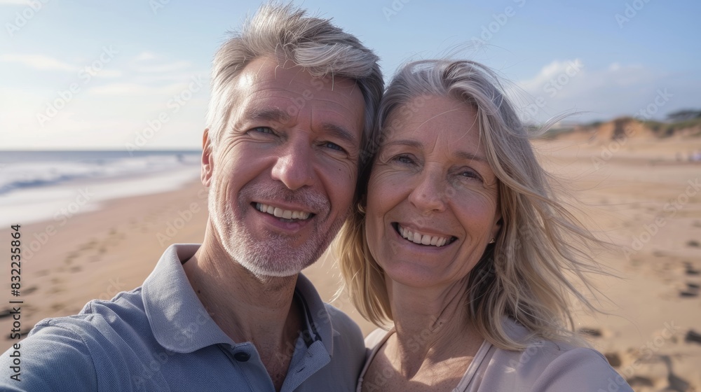 Obraz premium Love, travel, social media memory, and wellbeing in old couple, selfie and smile on beach image. Picture hug, grin, trust, commitment, and partner with marriage, retirement, and holidays