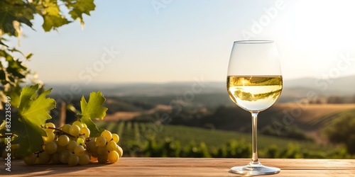 Sunny vineyard landscape showcasing a glass filled with white wine. Concept Vineyard, Wine Glass, Sunny Landscape, White Wine, Relaxation