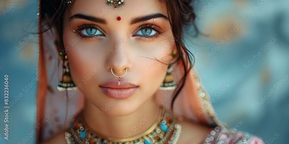 Fototapeta premium Stylish Indian Woman Embracing Tradition with Bindi Elegance. Concept Indian Fashion, Traditional Attire, Bindi Beauty, Stylish Women, Embracing Tradition