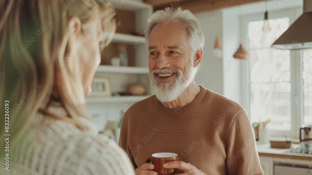 Senior man and woman in New Zealand kitchen having coffee and talking. Happy, elderly, smiling couple enjoys morning tea, chats, and relaxes in apartment for retirement Senior man and woman in New Zealand kitchen having coffee and talking. Happy, elderly, smiling couple enjoys morning tea, chats, and relaxes in apartment for retirement
