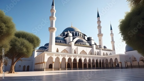 A large white mosque with a dome and gold trim. The building is surrounded by a large courtyard with a pool in the center. The courtyard is empty, and the sky is blue. generative ai photo