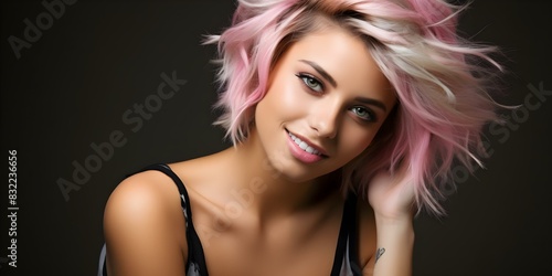 Portrait of a fashionable young woman with a tousled bob haircut, blonde hair, and pink highlights smiling. Concept Fashion Portraits, Bob Haircut, Blonde Hair, Pink Highlights, Smiling Portrait