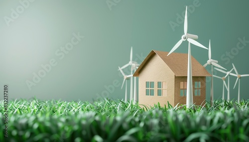 Recycled brown paper model house collage style wind turbines blue sky green grass background copy space