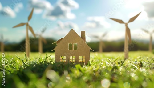 Recycled brown paper model house collage style wind turbines blue sky green grass background copy space © Mladen