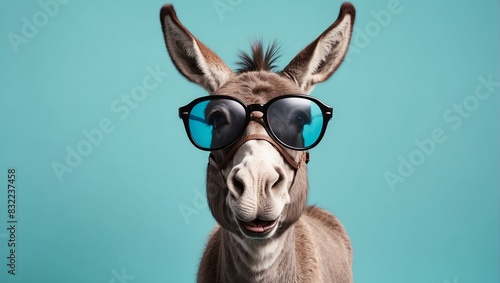 A cute donkey wearing trendy black glasses with a fun and humorous expression