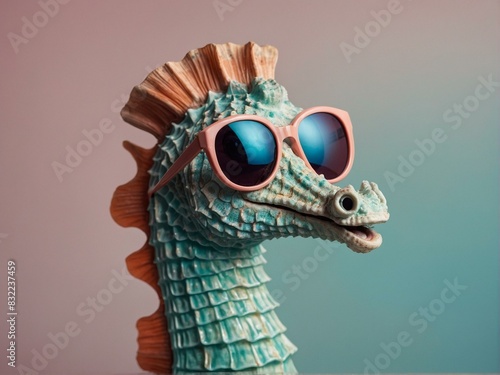 A textured seahorse figurine donning a pair of pink sunglasses