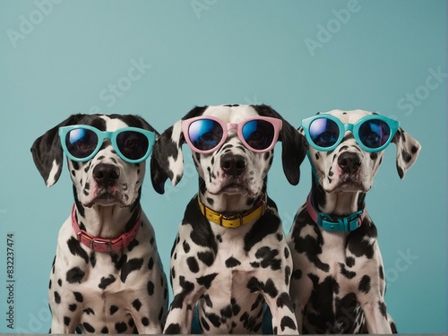 Trio of Dalmatian dogs posing in vibrant sunglasses against a light blue backdrop, showcasing a playful and stylish pet portrait