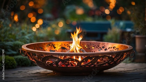 A stylish backyard fire pit surrounded by autumn leaves reflecting the warm flames at dusk photo