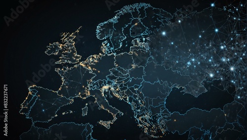 A digital map of Europe displaying interconnected glowing lines symbolizing network and communication across the continent