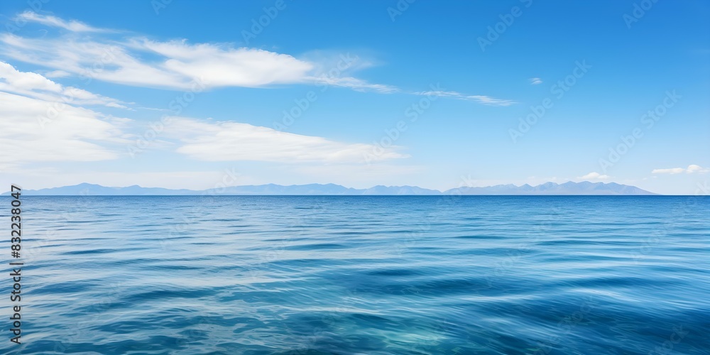 Serene Seascape: Clear Blue Ocean Sky and Calm Waters. Concept Seascape Photography, Ocean Views, Calm Waters, Blue Sky Reflections, Serene Landscapes