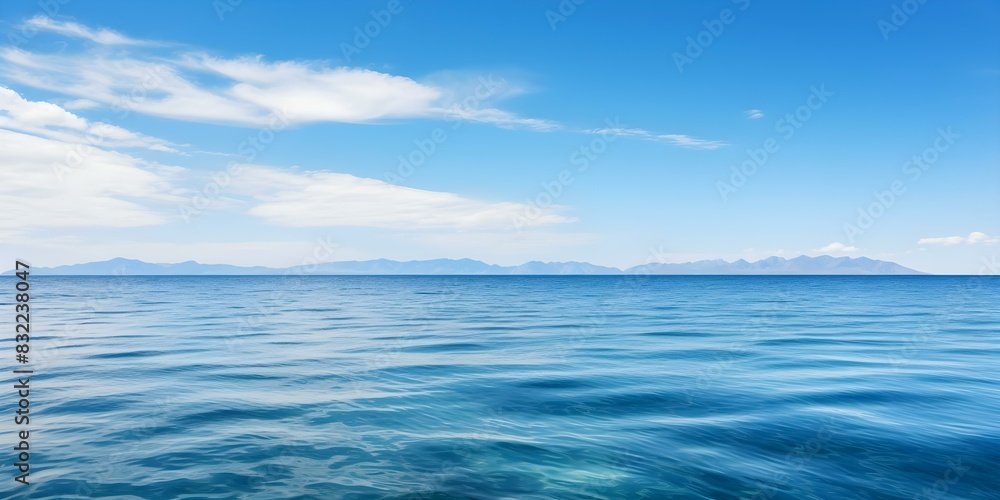 Serene Seascape: Clear Blue Ocean Sky and Calm Waters. Concept Seascape Photography, Ocean Views, Calm Waters, Blue Sky Reflections, Serene Landscapes Serene Seascape: Clear Blue Ocean Sky and Calm Waters. Concept Seascape Photography, Ocean Views, Calm Waters, Blue Sky Reflections, Serene Landscapes