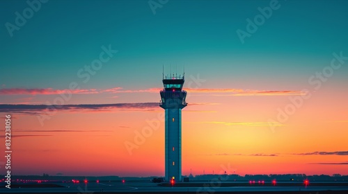 Tower silhouetted at sunset emphasizing beauty of evening sky in aviation scene