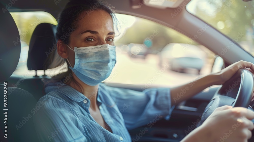 Covid vaccination, car drive, and woman with mask for outside clinic or hospital safety, compliance, and healthcare. Person at covid 19 drive-thru for corona virus vaccine Covid vaccination, car drive, and woman with mask for outside clinic or hospital safety, compliance, and healthcare. Person at covid 19 drive-thru for corona virus vaccine