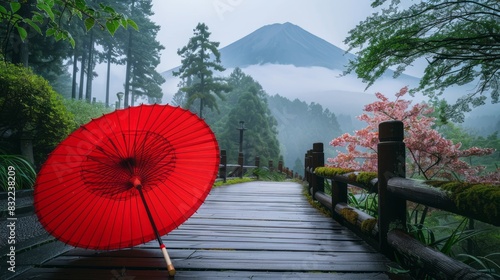 Vibrant red umbrella stands out against serene fuji mountain and delicate sakura flower blossoms  surrounded by lush greenery on a misty morning bridge scene.