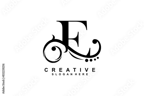 E letter logo with luxury black floral ornament. E monogram logo, E typography. suitable for business logos, companies, beauty, fashion, boutiques, etc