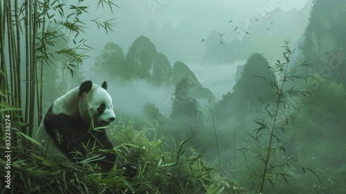 A serene giant panda bear sits alone in a lush bamboo forest, surrounded by misty mountains, tranquilly munching on fresh green shoots. photo