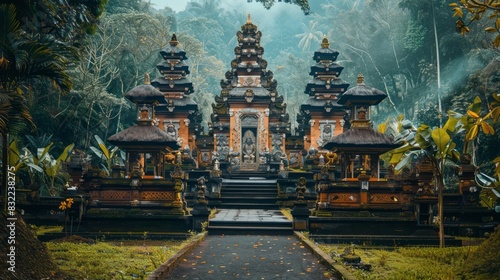 Vibrant colors of traditional balinese architecture, intricate carvings, and ornate details of a sacred hindu temple in bali, indonesia, set against a lush green backdrop.