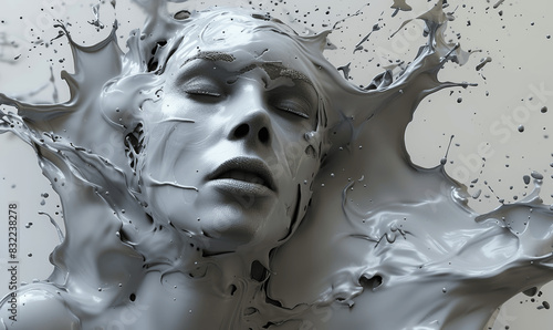 Abstract Liquid Woman Face Emerging from Grey Molten Paint