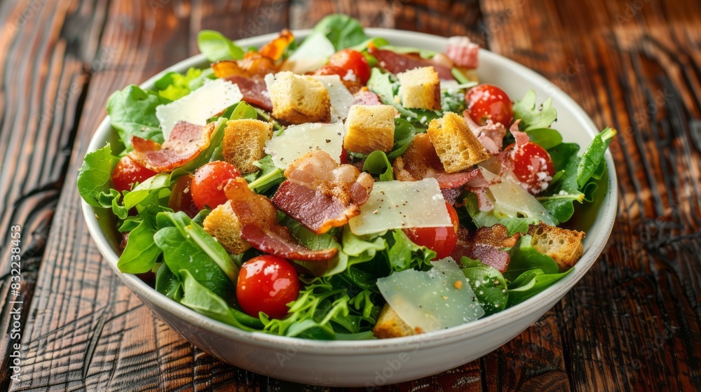 Freshly prepared mixed green salad topped with crispy bacon strips, juicy cherry tomatoes, crunchy croutons, and shaved parmesan cheese on a rustic wooden table. Freshly prepared mixed green salad topped with crispy bacon strips, juicy cherry tomatoes, crunchy croutons, and shaved parmesan cheese on a rustic wooden table.