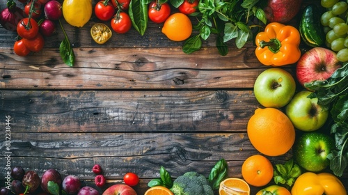 Fresh organic fruits and vegetables arranged artfully on a rustic wooden background, showcasing healthy eating options in a natural and earthy setting. photo