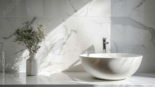 Elegant white marble bathroom vanity countertop with subtle veining against a sleek white tile wall  illuminated by soft daylight with delicate shadows.