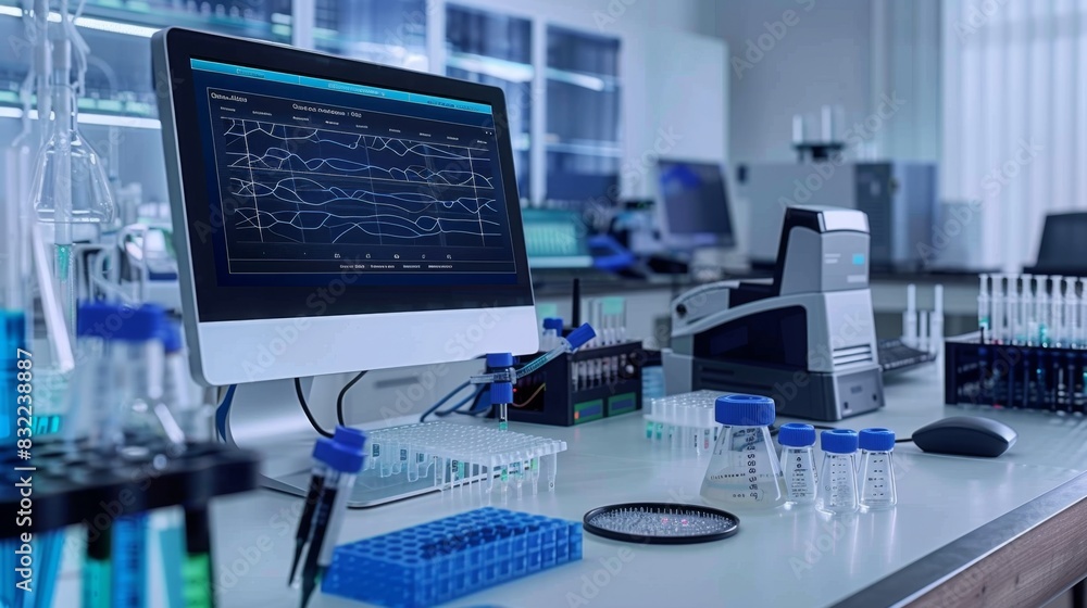 Modern Laboratory Workstation with Data Analysis on Computer Screen Modern Laboratory Workstation with Data Analysis on Computer Screen