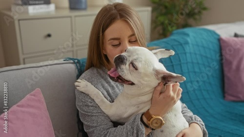 A young woman kisses her white dog in a cozy living room, showcasing a tender moment between pet and owner.