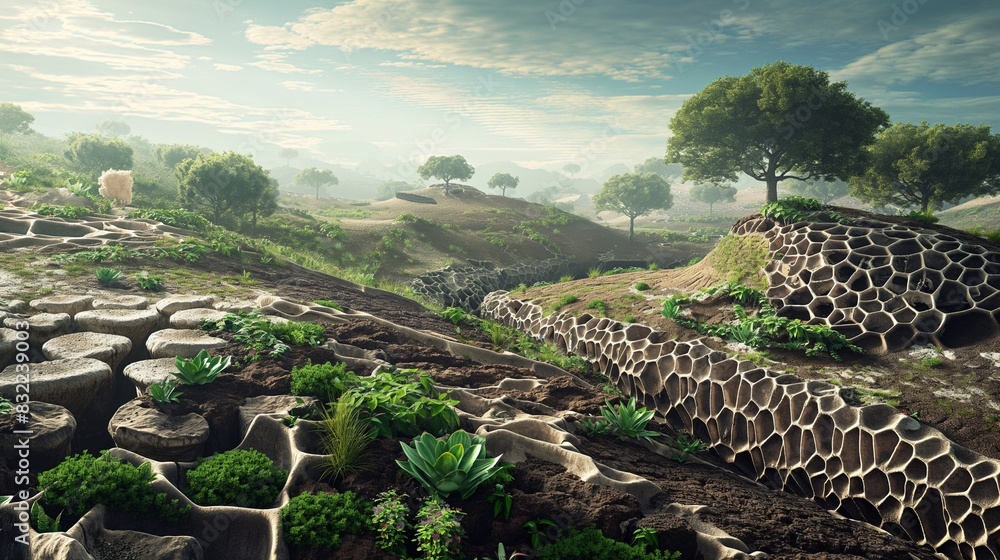 A conceptual illustration of a landscape regenerated using mycelium ...
