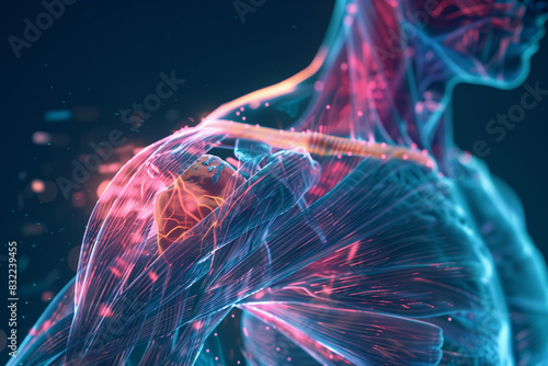 Hologram visualization expolsure shoulder pain show muscle and bone in body x-ray style