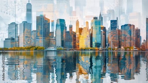Office and city building hologram background. Double exposure. Concept of smart cities.