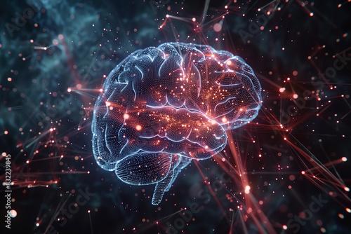 Brain cell conection. Brain with neural connections. Hologram visualization.
