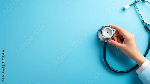 Doctor’s hand with a stethoscope on blue background, copy space photo