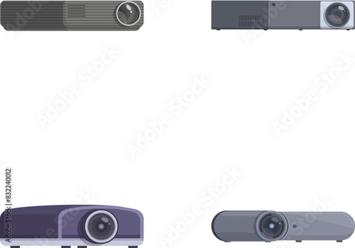 Collection of four different contemporary projectors isolated on a white backdrop