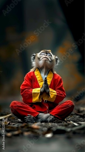 A monkey dressed in red and yellow clothing sits gracefully on the ground
