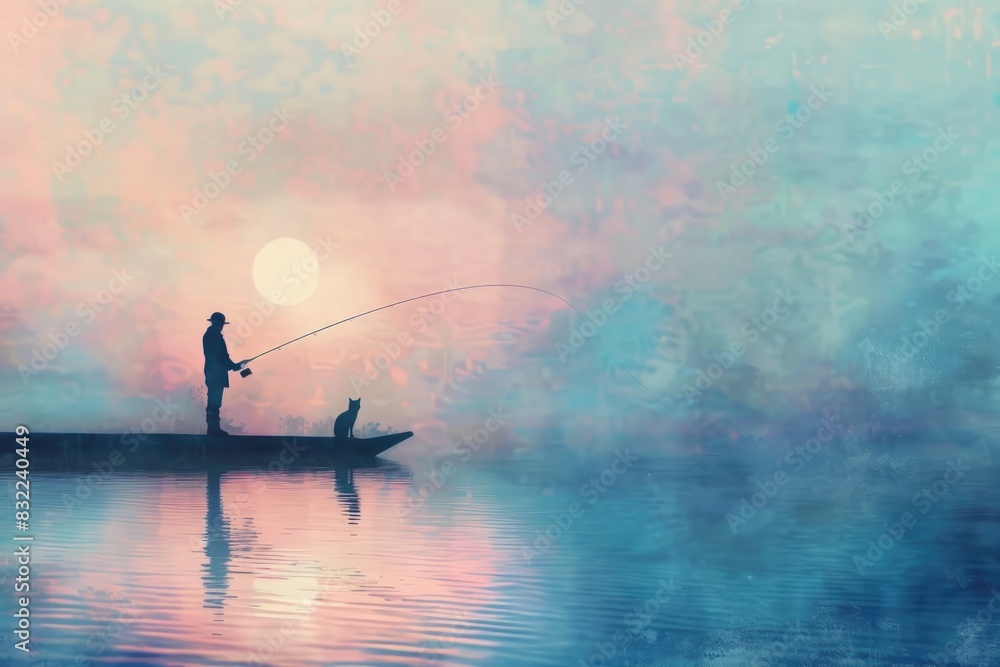 Naklejka premium Father and son fishing from a boat on a lake at sunset.