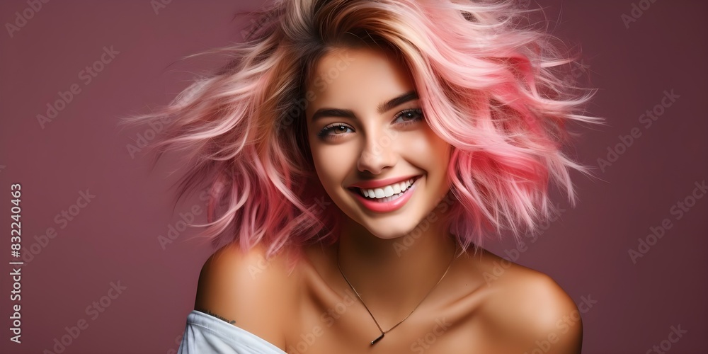 Fototapeta premium Chic young woman with tousled bob haircut, blonde hair, and pink highlights smiling. Concept Fashion, Hairstyle, Smiling, Portrait, Pink Highlights