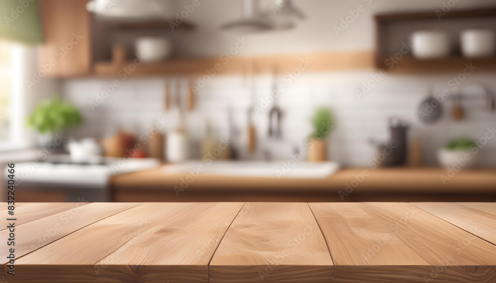 Wood table top on blurred kitchen background. can be used mock up for montage products display or design layout Wood table top on blurred kitchen background. can be used mock up for montage products display or design layout