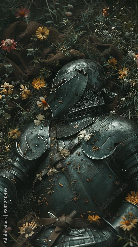 Fototapeta premium Close-up of a knight amidst a vibrant field of colorful flowers