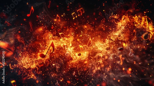Vibrant red and orange musical notes burst forth in a dynamic explosion, swirling against a dark backdrop, exuding energy and creative turmoil in a mesmerizing visual spectacle.