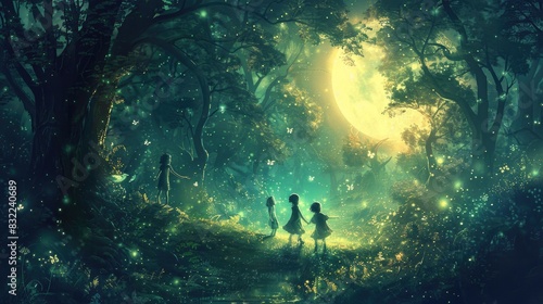 The boy and girl are lost in a magical forest on a full moon night.