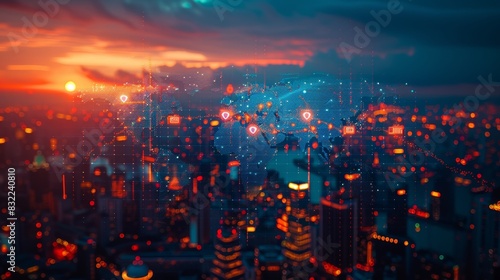 Double exposure hologram with a map theme and data theme over a city view of skyscrapers. International technology in business. photo
