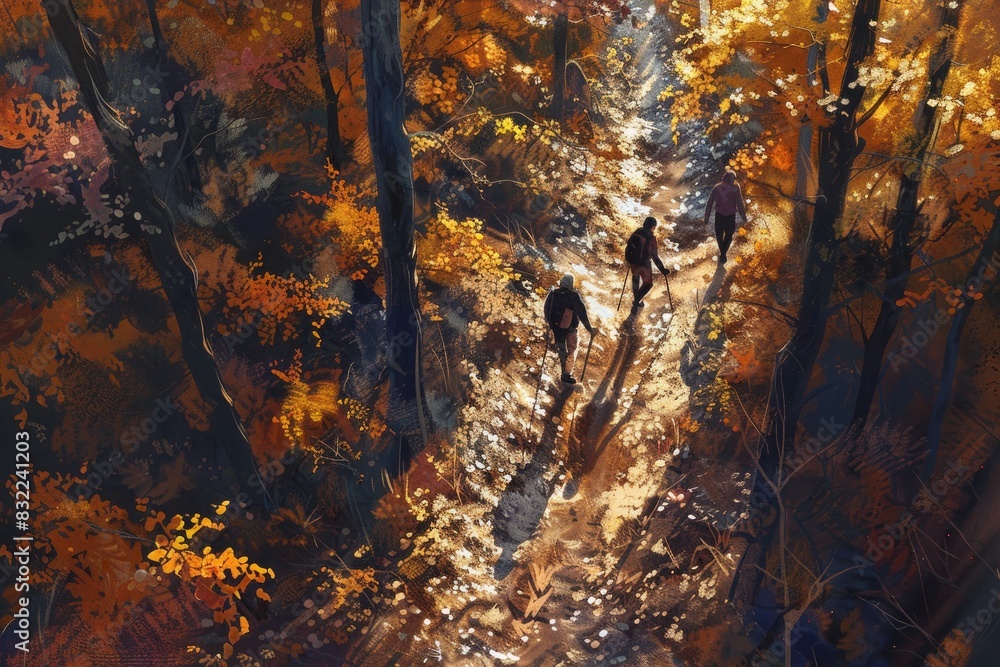 The image shows a beautiful fall forest with a winding path