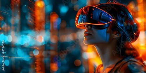 Woman in sunglasses immersed in virtual reality experience of futuristic city lights. Concept Virtual Reality, Futuristic City Lights, Woman in Sunglasses, Immersive Experience, Technology Concept