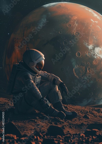 Astronaut seated beside red planet in unknown world © Leli
